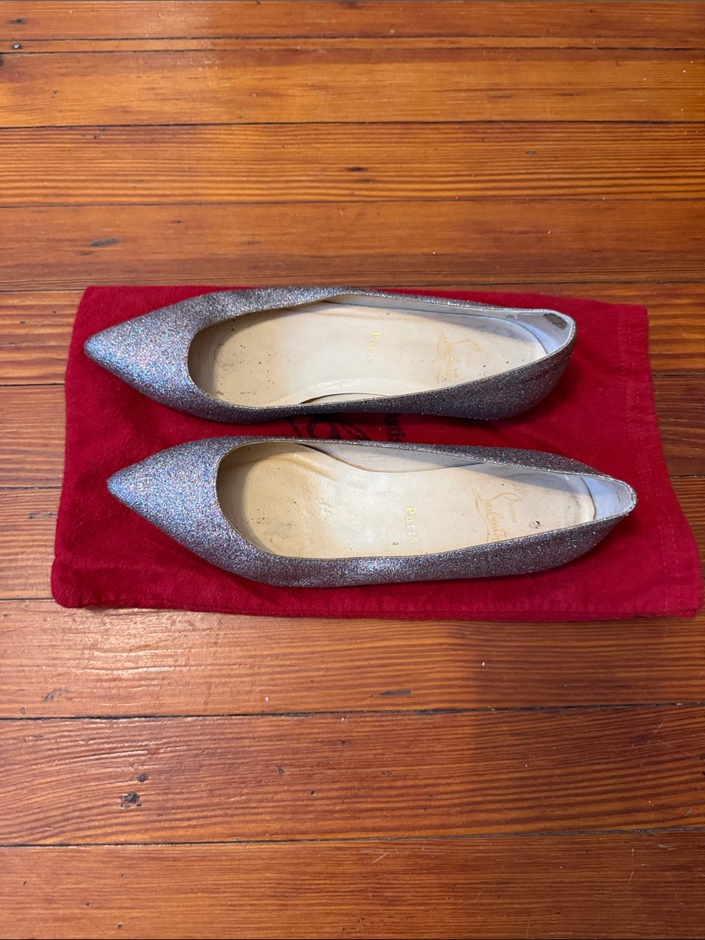 Authentic Christian Louboutin Silver Glitter Pointed-Toe Flats Size 38.5